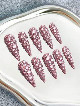 Stiletto Nails Handgjorda Press-On Naglar - Rosa Heltäckande Kristallglitter I Minimalistisk Lyxig 3D-Design, DIY Högglans Lösnaglar, 10 st/Set
