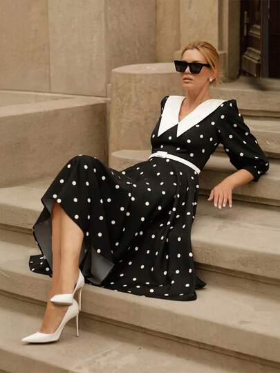 Vestido largo con cuello Peter Pan de tela tejida, estampado de lunares, mangas tres cuartos y dobladillo acampanado en A, sin cinturón, para mujer con estilo