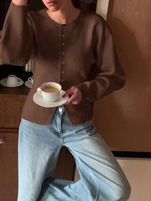 女士秋冬新款法式浪漫休闲百搭简约优雅针织开衫 - 咖啡棕 - 查看 4