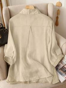 女士纯色简约刺绣夏季衬衫 - 杏色 - 查看 2