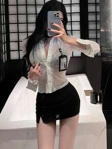 1 Áo + 1 Chân váy + 1 Áo giáp ngực, Bộ đồ lót thư ký công sở gợi cảm, xuyên thấu, ôm sát cơ thể, váy dạ hội, bộ đồ lót giáo viên hoàng gia ngây thơ. - trắng - Xem 7