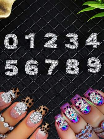10 pezzi 12mm Argento 3D Stereo Lega 0-9 Numeri Arabi Lucidi Strass Decorazione Unghie Set, Affascinanti Accessori Decorativi Fai-da-Te, Strass e Decorazioni Senza Profumo.