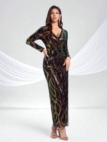 YISIKADO Bộ jumpsuit nữ thanh lịch đính sequin cổ chữ V sâu tay dài lấp lánh, thích hợp dự tiệc, đi club, lễ hội. - Nhiều màu - Xem 4