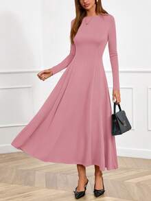 Women Fall Dresses Boat Neck Long Sleeve High Waist A-Line Flowy Knit Party Maxi Dress Spring Autumn Evening Formal Wedding Party Valentine Long Dress Outfits - Hồng - Xem 2