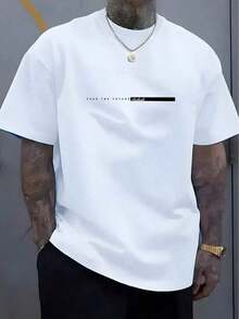 Men's Simple Letter & Striped Print Round Neck Short Sleeve Casual T-Shirt 100% Comfortable Cotton Pattern T-Shirt Plus Size Men - trắng - Xem 10