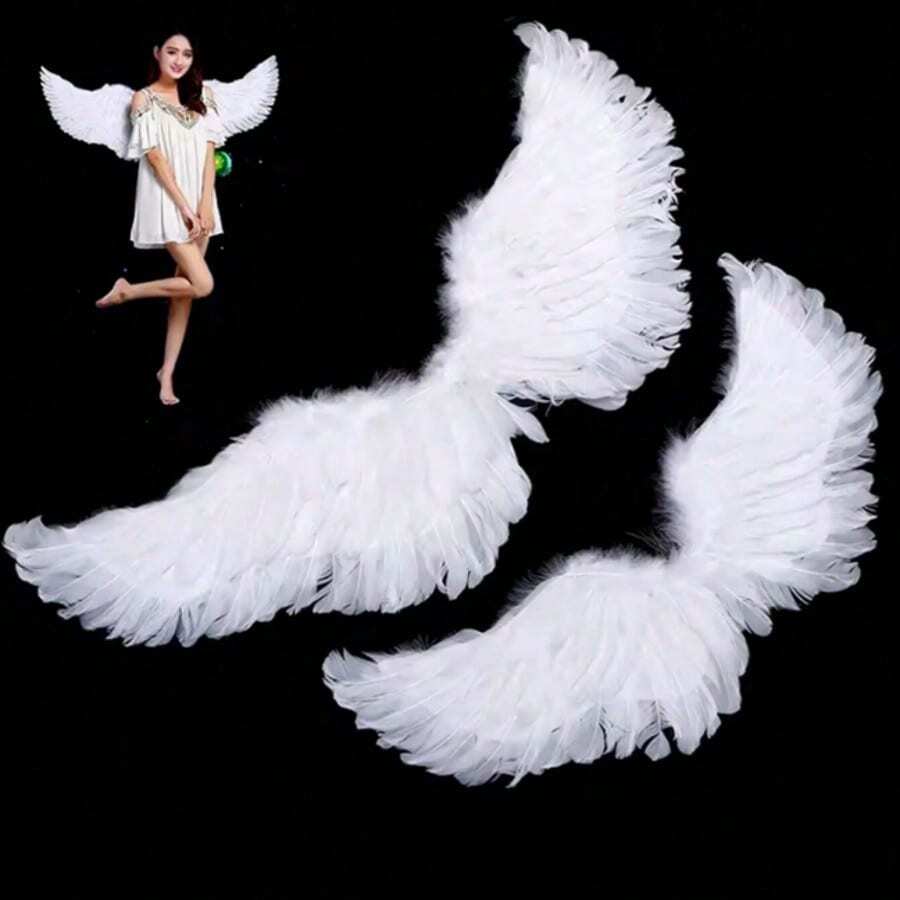 1件装派对天使白色羽毛翅膀魔杖头箍，适合婚礼、生日、万圣节、圣诞节等场合。