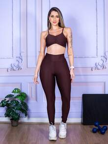 LLEVO Women's Fitness Leggings And Open-Strap Tank Top Set - Óxido marrón - Ver 2