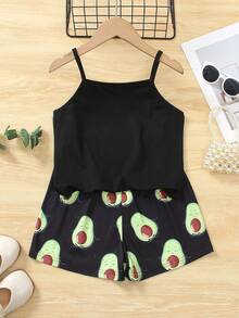 Tween Girl/Teens Cute Avocado Print Sleeveless Top And Shorts 2 Pieces Set, Summer - Black - View 7