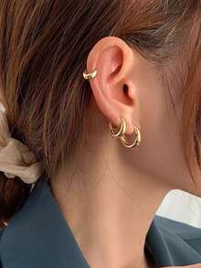 5对简约奢华休闲铜质圈形耳环，几何设计，百搭优雅女士耳环套装 - 金黃色 - 查看 7