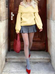 全新女式时尚婚礼纯色休闲长袖褶皱性感露肩单领设计套头毛衣 - 黃色 - 查看 3