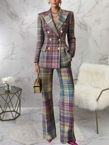 格子亮面方格前扣口袋双排扣休闲/家居服 - 玫紅色 - 查看 2