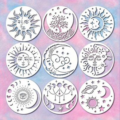 9 Stück Celestial Mandala Schablonen Set - wiederverwendbare Elfenbein Kunststoff Schablonen, geeignet für Künstler Heimdekoration, mit Sonne, Mond, Sternen und Planeten Designs, für Holz, Wände, Möbel und Leinwände, Celestial Dekoration