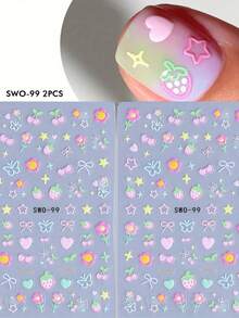 2 Sheets Sweet Element 3D Matte Nail Art Stickers - Kawaii Cherry Strawberry Star Heart Bow Butterfly Floral Designs, Self-Adhesive Plastic Decals For Women & Girls, Y2K Style Manicure & Pedicure Decorations, Easy Apply Decals, Nail Stickers - 彩色 - 查看 2