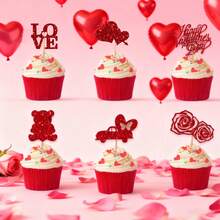 12个/24个/6个装红色心形纸杯蛋糕装饰插牌，适用于情人节、婚礼派对、DIY纸杯蛋糕和甜点烘焙装饰 - 彩色 - 查看 1