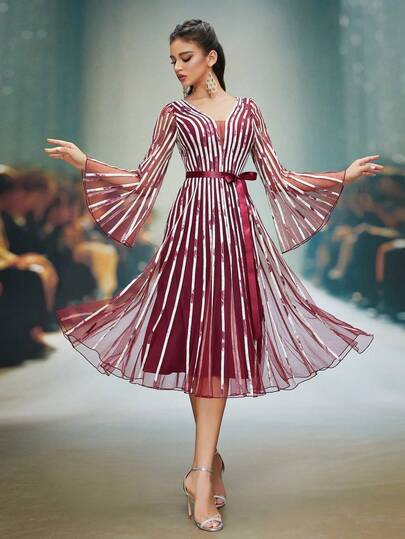 MgiacyV Long-Sleeved, Fine Mesh, Draping, High-End Evening Gown