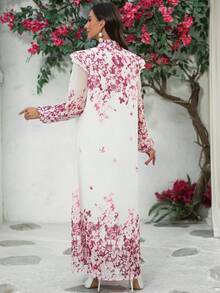 Váy dài tay cổ đứng in hoa thanh lịch, cài nút kèm khăn trùm đầu cùng tông màu, màu tím nhạt - Hoa hồng đỏ - Xem 7