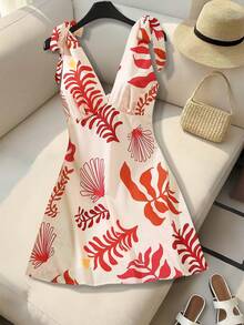 Tropical Plant Print Deep V-Neck Bow Tie Strap Sexy Beach Vacation Fitted Dress For Women - Apricot - View 1
