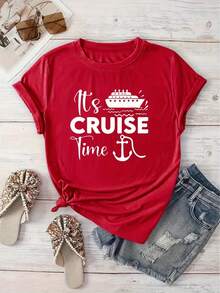 Women'S "It'S Cruise Time" Graphic T-Shirt - Red Short Sleeve Crew Neck Tee With Cruise Ship Design, Casual Spring/Summer Wear, Machine Washable, Vacation Style, Cruise Ship T ShirtsDaily Outfits For Men And Women - 紅色 - 查看 5