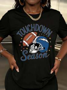 Women Touchdown Season Football Helmet And Ball Print T-Shirt Fashion Casual Round Neck Short Sleeve For Sports Fans And Game Day Wear - 黑色 - 查看 6