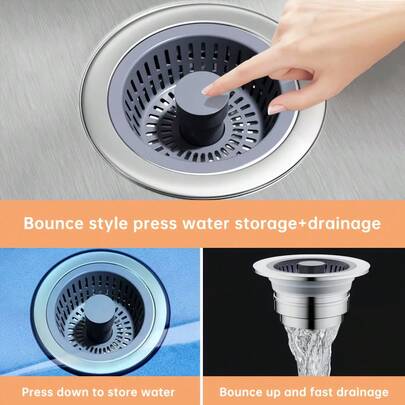 Bộ phụ kiện bồn rửa nhà bếp 3 trong 1 bằng thép không gỉ và nhựa - Bộ lọc và nút chặn cống bền chắc, dễ vệ sinh.