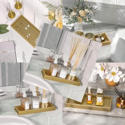 New Gold Bathroom Vanity Tray For Soap Dispenser Perfume Jewelry Candle Makeup Decor Toilet Tank Tray Kitchen Tray For Spice Salt Coffee 11.3 L X 4.4 W X 1.14 H