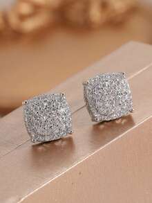 Minimalist Square Inlaid Synthetic White Cubic Zirconia Stud Earrings, Suitable For Wearing At Parties And Gatherings, An Excellent Gift For Family And Friends - Silver - View 6