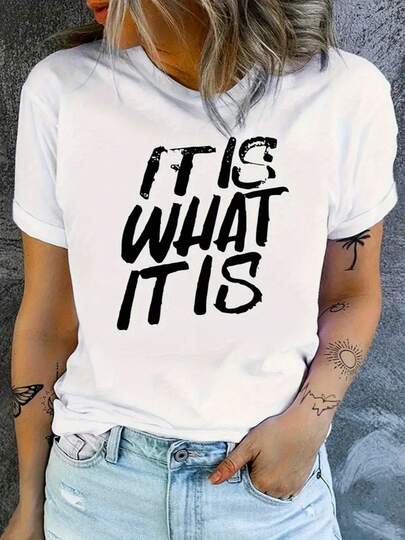 Camiseta de Mujer Así Es Como Es con Letras Negras - Blanco, Corte Regular para Looks Diarios y Formales, Tallas S-XXL en Medidas Estándar US, Ropa Todo Clima, Tejido Cómodo