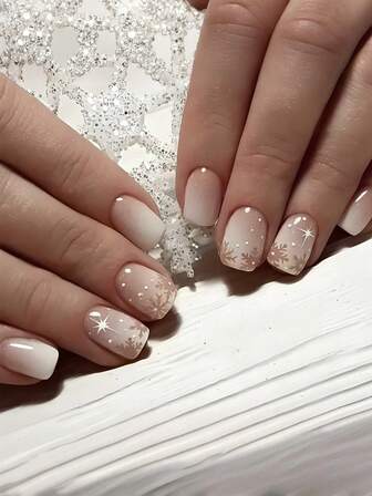 24片短方形按压式美甲片，渐变白色，雪花星光设计，亮面全覆盖，适合女性和女孩的圣诞美甲