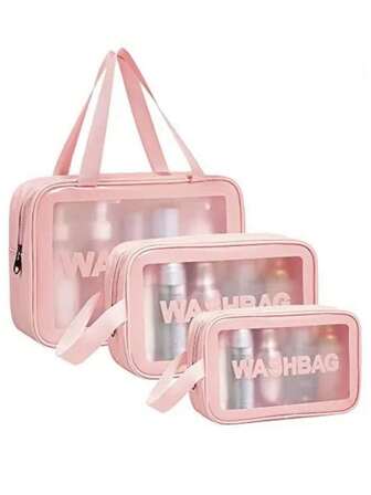 1pc Pink PVC Makeup Bag, Transparent Large Capacity Toiletry Bag, Waterproof PU Portable Cosmetic Organizer Bag For Women