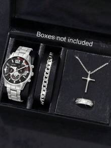 This Fashionable Men's Quartz Watch Set Includes 1 Necklace, 1 Bracelet, And 1 Ring, Featuring A Calendar Function, A Zinc Alloy Case, A Round Dial, And Electronic Hands. It Is A Perfect Choice For Daily Wear, And Also An Ideal Gift For Birthdays, Parties, And Holiday Gatherings - To Treat Yourself Or Give To Friends. (Gift Box Not Included) - Silver - View 1