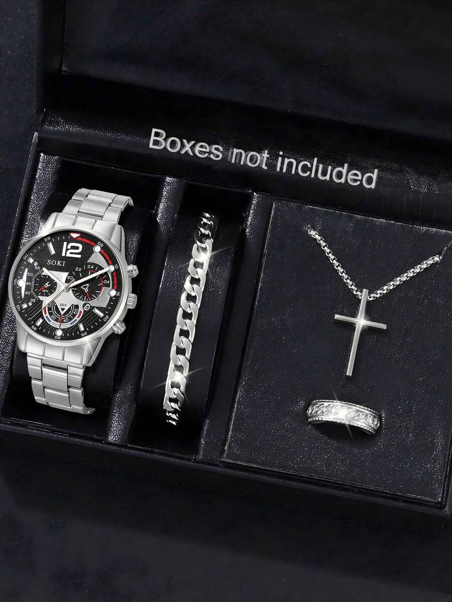 This Fashionable Men's Quartz Watch Set Includes 1 Necklace, 1 Bracelet, And 1 Ring, Featuring A Calendar Function, A Zinc Alloy Case, A Round Dial, And Electronic Hands. It Is A Perfect Choice For Daily Wear, And Also An Ideal Gift For Birthdays, Parties, And Holiday Gatherings - To Treat Yourself Or Give To Friends. (Gift Box Not Included) - Silver - View 1