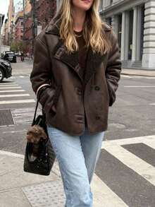 Chaqueta suelta con cuello de piel sintética marrón Maillard de unicolor para mujer, adecuada para uso diario y diversas ocasiones, otoño/invierno - Café integral - Ver 2