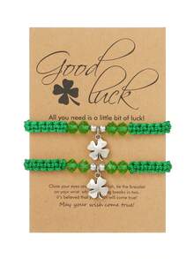 2件套圣帕特里克节绿色幸运四叶草编织手链套装，女士时尚手工编织友谊手链饰品配饰派对礼物 - 綠色 - 查看 14