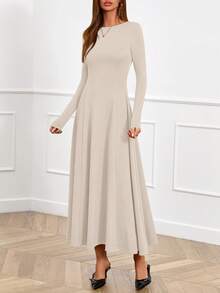 Women Fall Dresses Boat Neck Long Sleeve High Waist A-Line Flowy Knit Party Maxi Dress Spring Autumn Evening Formal Wedding Party Valentine Long Dress Outfits - 米色 - 查看 4