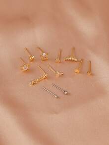 11件套优雅立方氧化锆星形耳钉套装，多层耳钉，适合女性日常、约会、派对佩戴 - 金黃色 - 查看 3