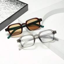 1pc Brown Frame Green Leg Square Fashion Glasses, Caramel Brown Frame With Olive Green Legs And Light Brown Lenses, Metal Rivet Decor, Wide Square Frame Vintage Bicolor Style, Casual Chic Daily Wear Unisex Fashion Eyewear