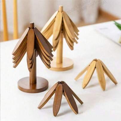 3/4/5pcs Wooden Heat Insulation Pad Set, Foldable Tree-Shaped Black Walnut Wood Placemat Holder, Heat Resistant Coasters, Wooden Placemats, Pot & Cup Mats, Christmas Gift