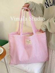 Vintage Striped Canvas Tote Bag, Women's Large Capacity Striped Canvas Tote Bag - Fashion Shoulder Bag, Suitable For Travel And Shopping, Bright Red And White Stripes, Large Capacity, Versatile, Washable - No Buckle, Daily Handbag, Casual Daily Tote Bag