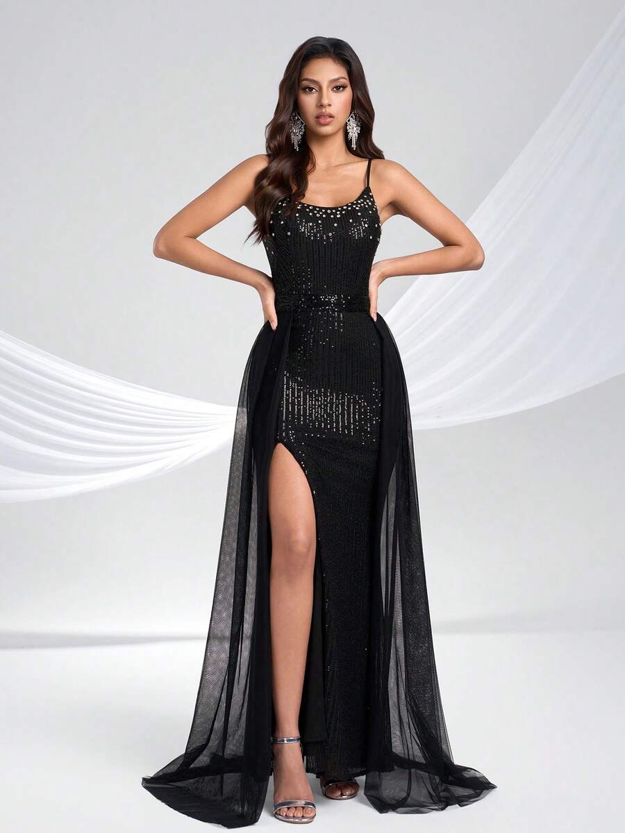 YISIKADO Đầm dạ hội nữ đính sequin và đá quý, xẻ cao đến đùi, dây mảnh, thích hợp cho các buổi dạ tiệc, đám cưới, lễ hội.