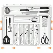 Necomi Organizador de Cubiertos,Expandible Organizador de Cubiertos para Cajon,con 9 compartimentos, extensible por 3 lados, antideslizante, para cucharas, tenedores y cuchillos (blanco) - Blanco01 - Ver 2
