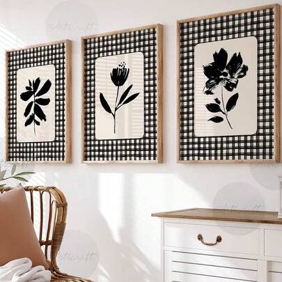 三幅一套的黑米色格子花卉印花画，复古中性色调墙面艺术海报，植物格子家居装饰，简约田园野花风格，适用于公寓、客厅、卧室，无框