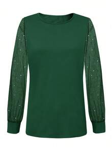 Deep Green Round Neck Sequin Mesh Patchwork Long Sleeve Top, Lantern Sleeve Design, Slimming & Versatile For Women, Spring/Summer, Suitable For Dates, Commuting, Festivals, Beach Outfits - Dark Green - View 3