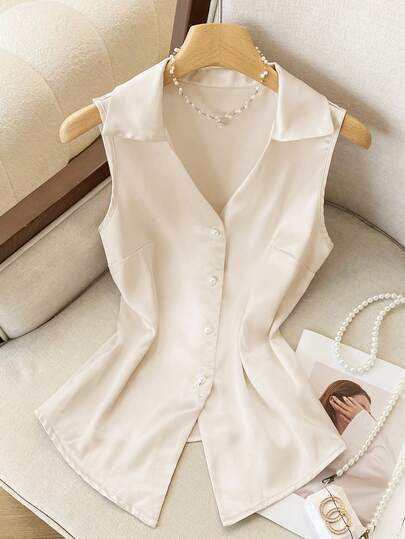 女士优雅 V 领无袖香槟色衬衫，商务休闲