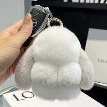 Cute Rex Rabbit Fur Bunny Keychain, Mini Fluffy Rabbit Plush Doll Car Key & Handbag Charm, Adorable Small Bag Pendant Gift