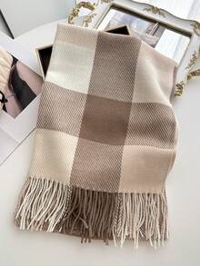 1 pieza Elegante bufanda/chal de mujer vintage de jacquard de tartán y rayas multicolor y falso cachemira con flecos, bufanda casual gruesa y cálida unisex para invierno - Multicolor - Ver 3