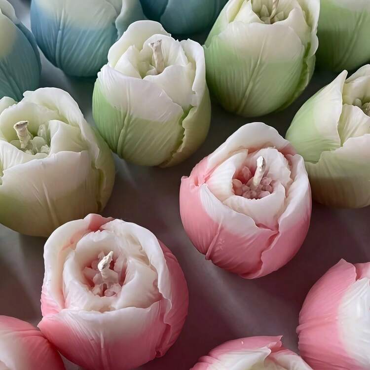 1个3D郁金香花蕾及花朵造型硅胶模具，适用于DIY蜡烛制作、香薰蜡烛，是情人节、生日、母亲节、婚礼装饰的理想之选。 - 白色 - 查看 7