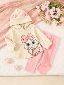 طقم ملابس كاجوال لطفلة/طفل رضيع يتكون من هودي بطبعة قطة جميلة وبنطلون بلون أحادي - وردي - مشاهدة 1