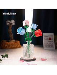 3-Color DIY Wooden Rose/Flower Building Blocks, Suitable For Desktop Decor, Also Great For Valentine's Day, Christmas, And Halloween. Best Gift For Girlfriend (Vase Not Included) - Multicolor - View 6
