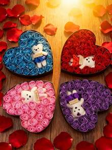 Rose And Teddy Bear Gift Box, The Gift Box Contained 24 Roses And A Teddy Bear, Uniquely Shaped Handmade With Real Touch Roses, Creates Romantic Ambiance, Ideal For Valentine's Day Gifts, Anniversaries, And Weddings, Perfect For Home Decor, Room Decoration, And Special Occasions, Best Gift For Lovers, Partners, Friends, And Family. - Multicolor - View 2