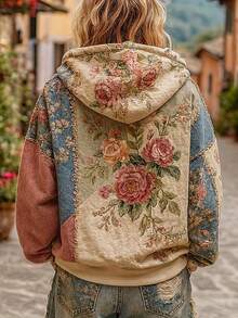 Women's 3D Printed Retro Bohemian Style Hoodie, Patchwork Design, Floral Pattern, Loose Fit, Warm, Suitable For Daily Street Wear, Suitable For Spring, Autumn, And Winter Seasons - 風格 - 查看 3